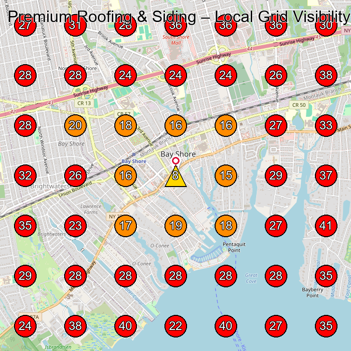 Premium Roofing & Siding GeoGrid visibility map for Dumpster Rental Service in Bay Shore